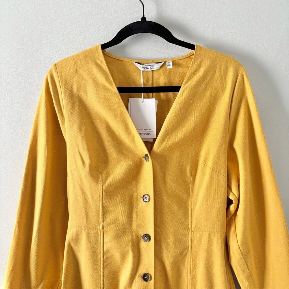 & Other Stories NWT Tailored Puff Sleeve Mini Dress V-Neck Structured Yellow - Picture 3 of 6